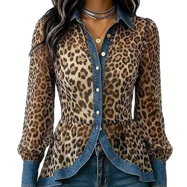 New Womens Leopard-Print Patchwork Denim Long-Sleeve Shirt