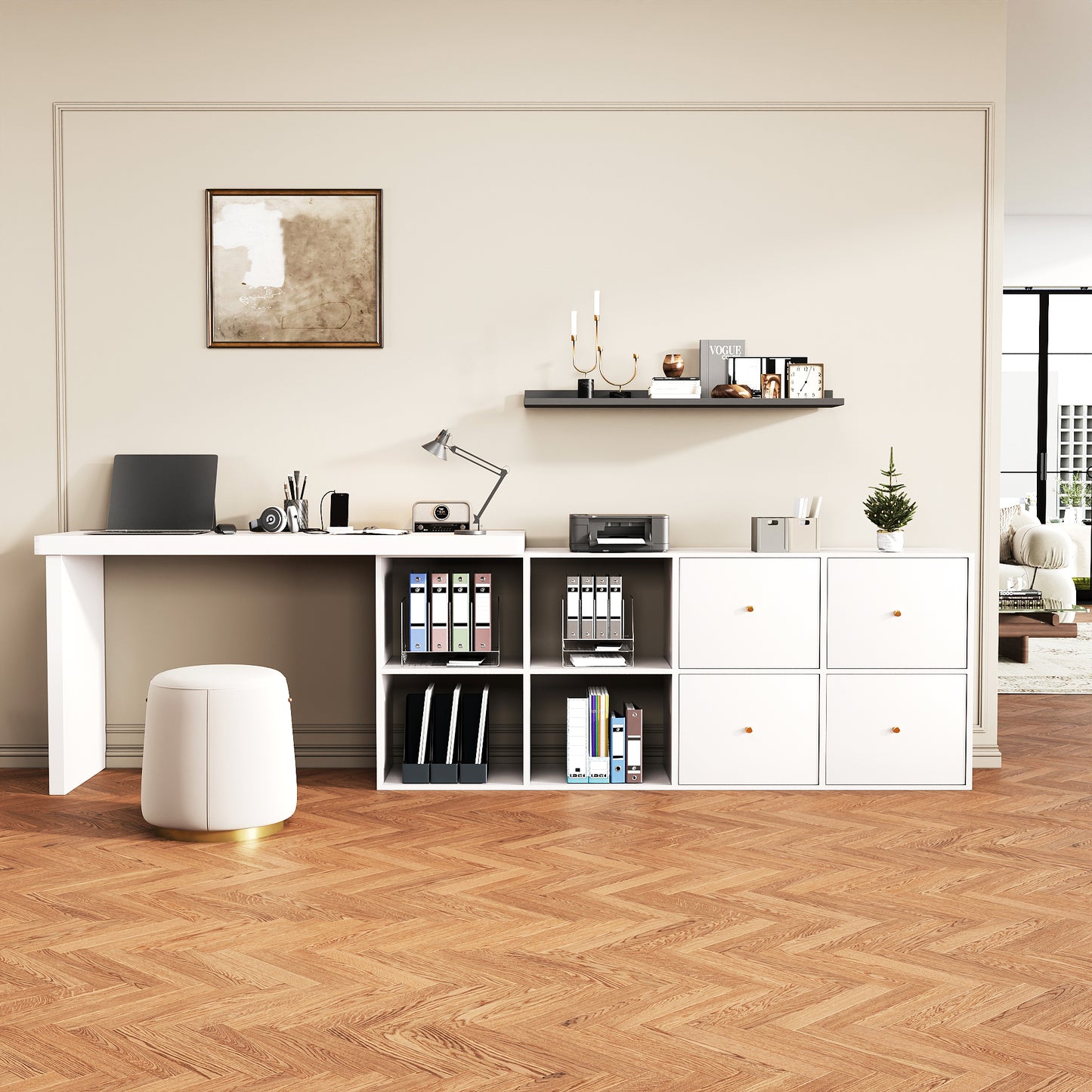 N880P3123534W Corner Table, Table Top 360degree Swivel-L-shaped Or Straight, MDF, Table Top And Legs 4 Cm Reinforced, With 4 Compartments, 4 Drawers, White, Flexible Positioning, Desk