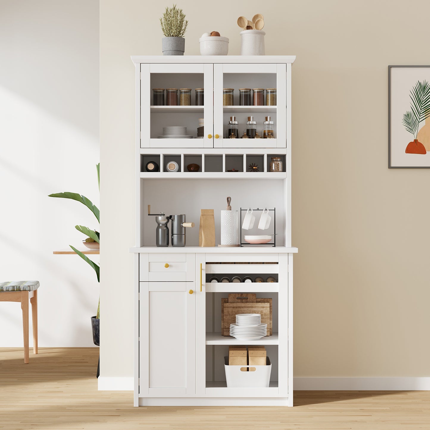 TOPMAx Farmhouse 35.4x17.7x74.8inch Freestanding Buffet With Hutch  Tall Kitchen Pantry Storage Cabinet With Wine Rack And Adjustable Shelves For Dining Room  White