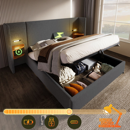 Upholstered Bed Double Bed 160x200 With Bedside Table, Reading Lamp And USB Type-C Charging Function, Bed System Storage Bed Frame With Slatted Frame Made Of Solid Wood And Metal, Grey, Linen Without