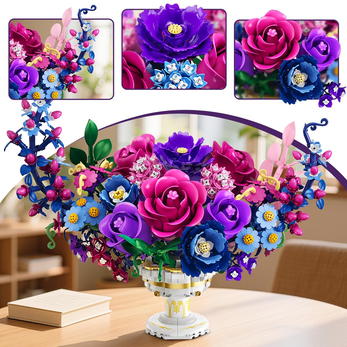 Moon Flower Bouquet Building Set With Lights,Valentines Day Flowers Botanicals Building Block Kit, Bonsai Plant  Home Decor Gift For Adults Women Boys Girls