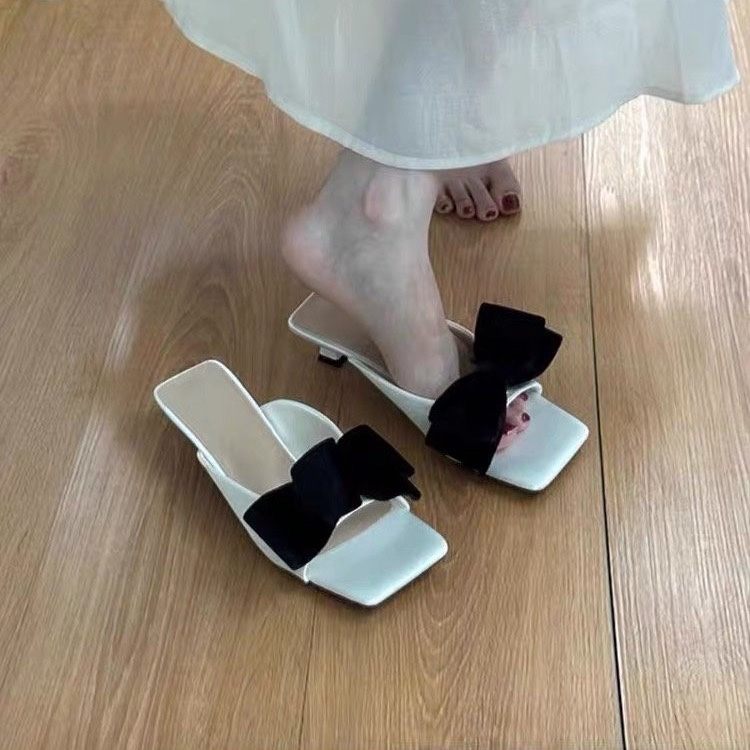 Women's French Bow Sweet Square Toe Slide Sandals, Summer Outdoor Wear Anti-Slip Thin Low Heel Mules, Match With Dresses