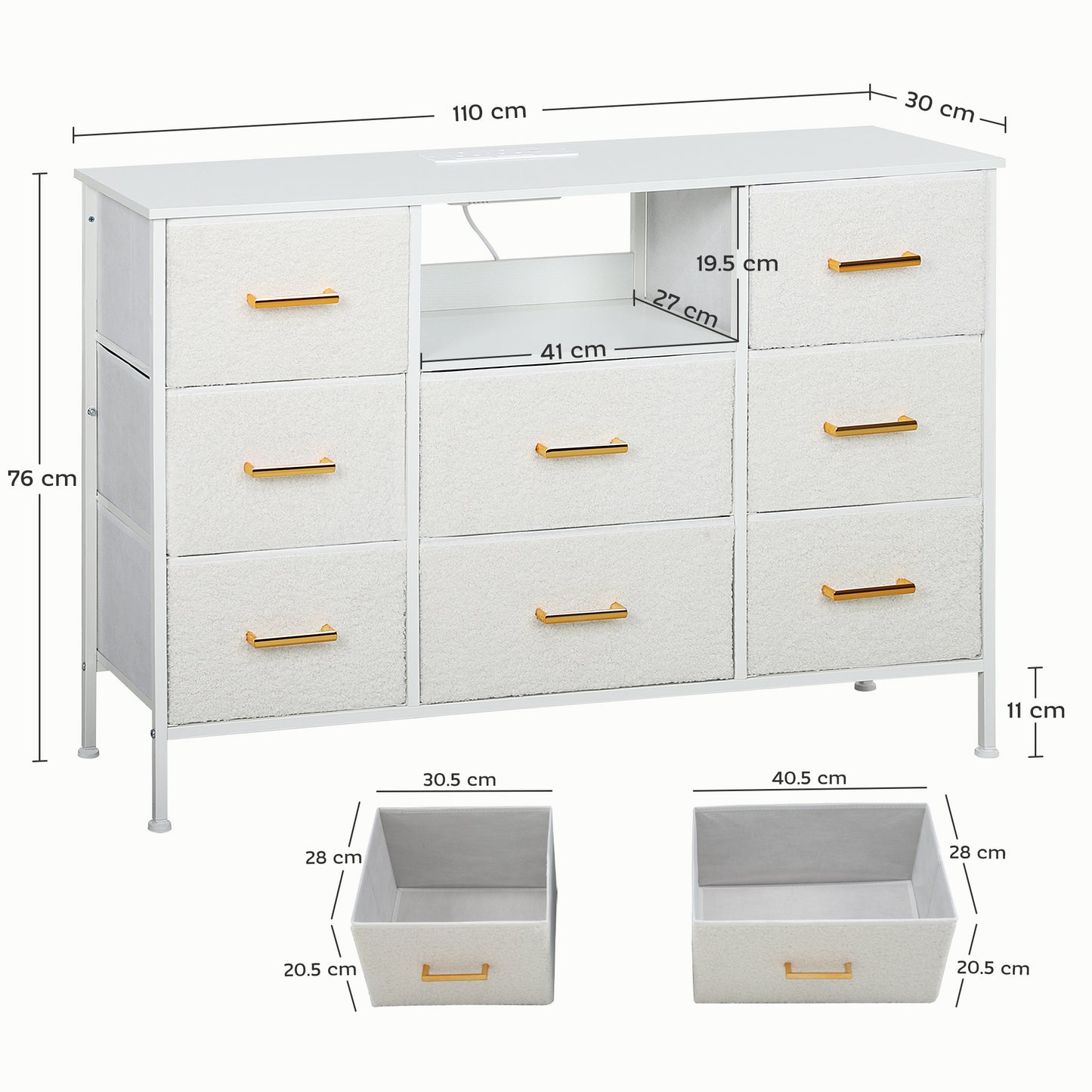 Boucle Chest Of Drawers, 8 Fabric Drawers Storage Organiser With Charging Station, 2 USB And 2 AC Ports, Steel Frame, Fabric Dresser For Living Room, Bedroom, Hallway, Cream White