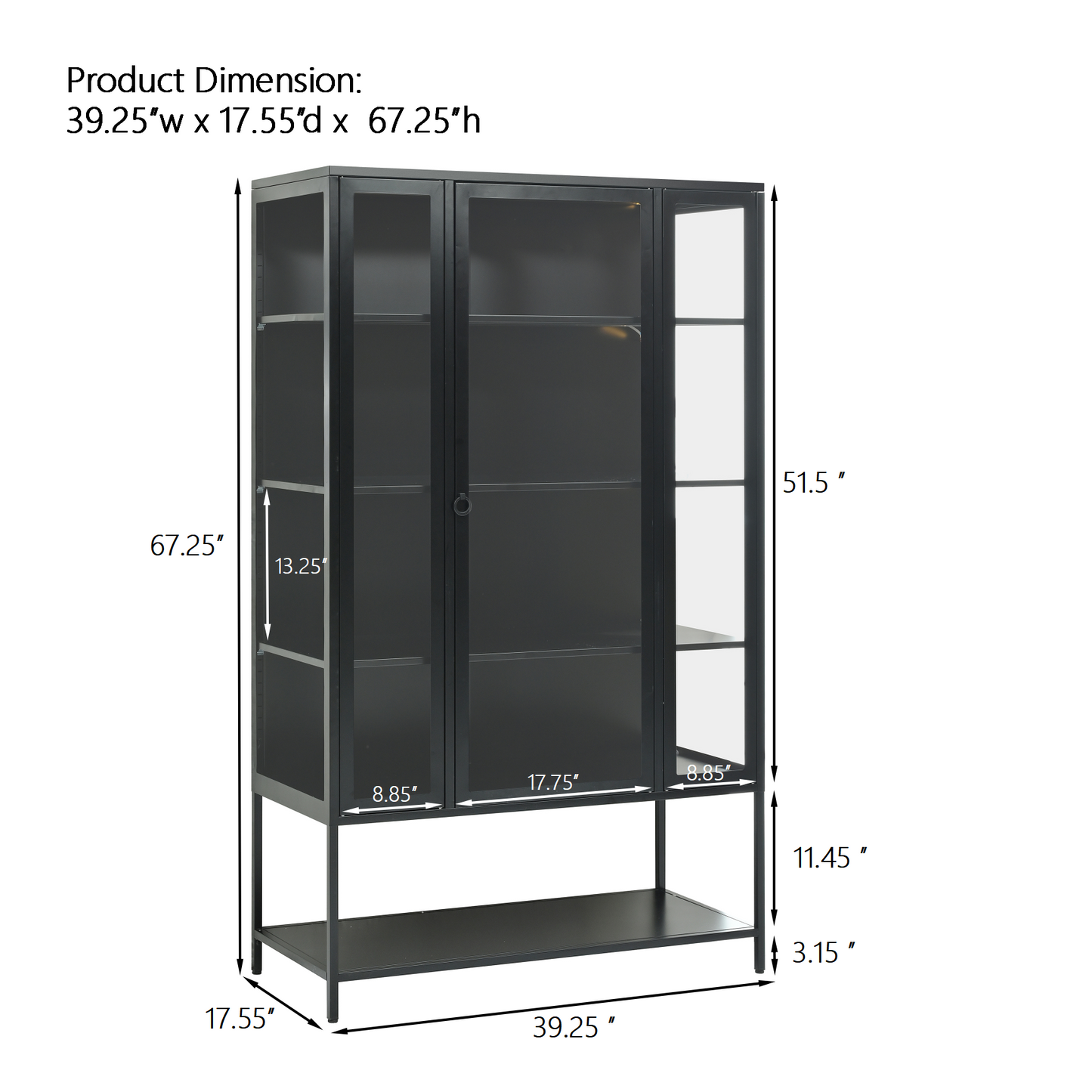 67.25  Tall Iron Display Cabinet With Glass Door And LED Lights Steel Curio Cabinet For Collectibles Figures Trophies 3-Sided Glass Display Case For Home Office Study Room Stores Playroom - Black