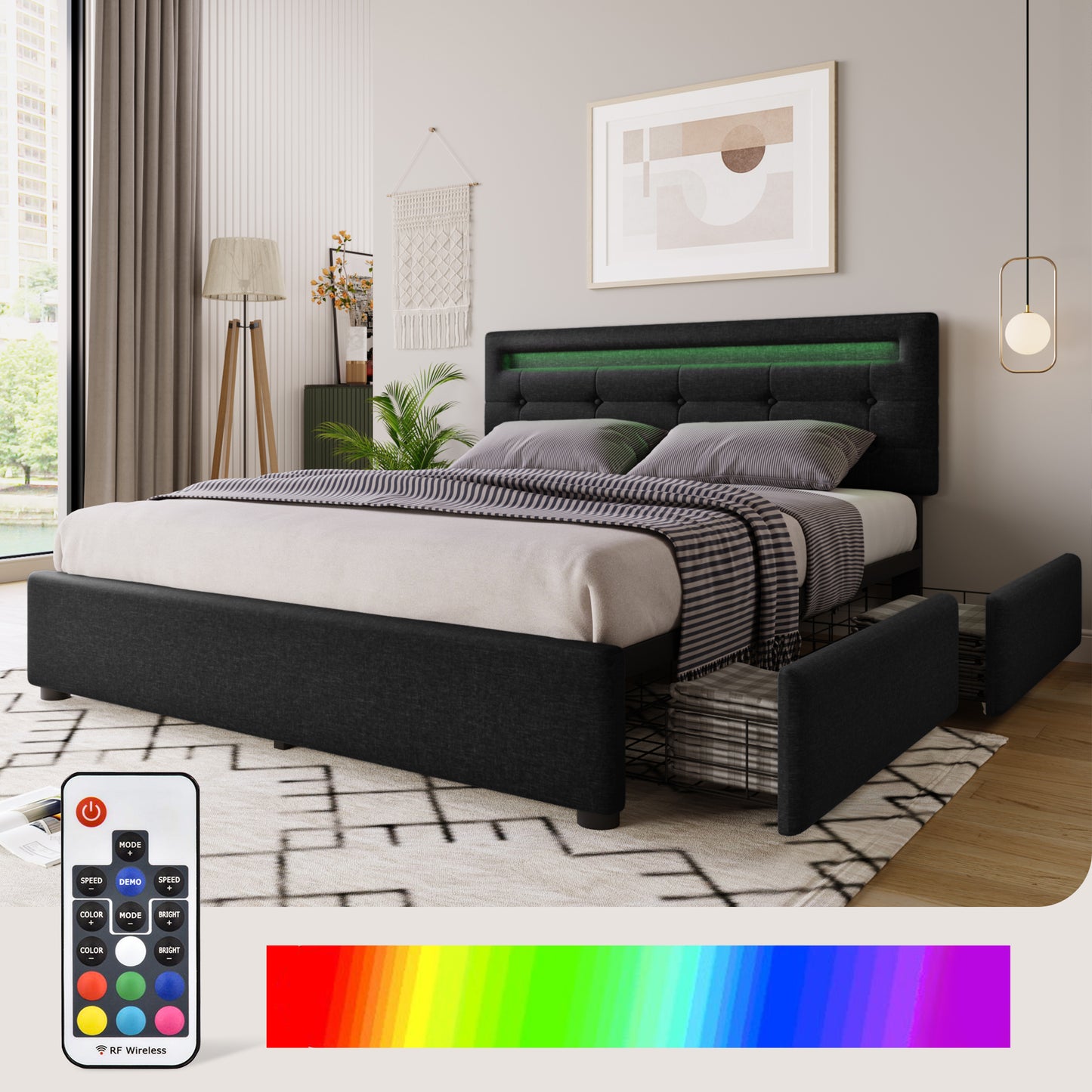 Bed Frame With LED Lighting And 4 Drawers, Double Bed Upholstered Bed 140x200cm, Height-adjustable Headboard, Wooden Slatted Base, Black  Without Mattress