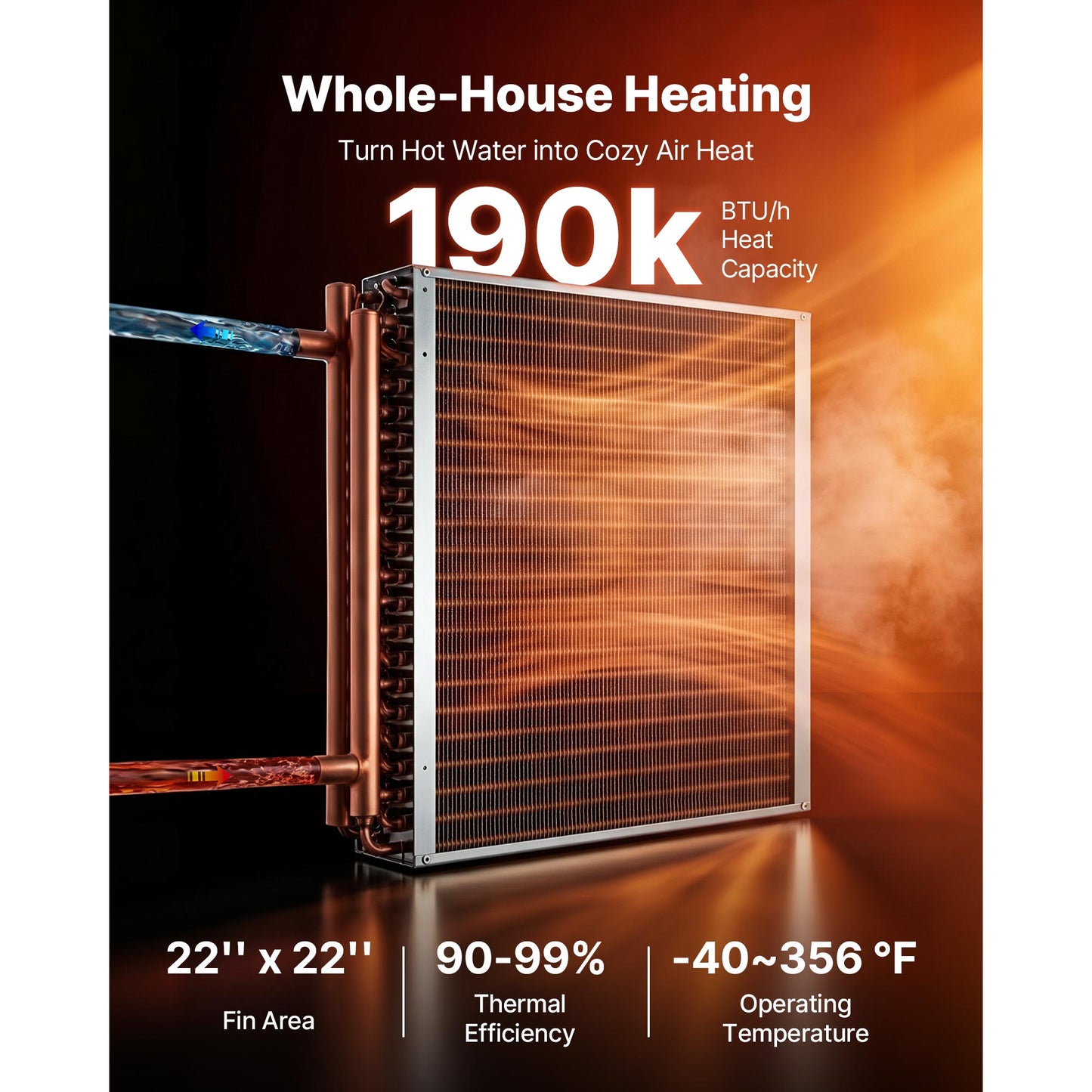 Water To Air Heat Exchanger, 22 X 22 In Finned Tube HVAC Heat Exchanger Coil With Copper Tubes & Aluminum Fins, 190K BTU Output For Outdoor Wood Furnace, Hydronic Heating & Cooling Systems