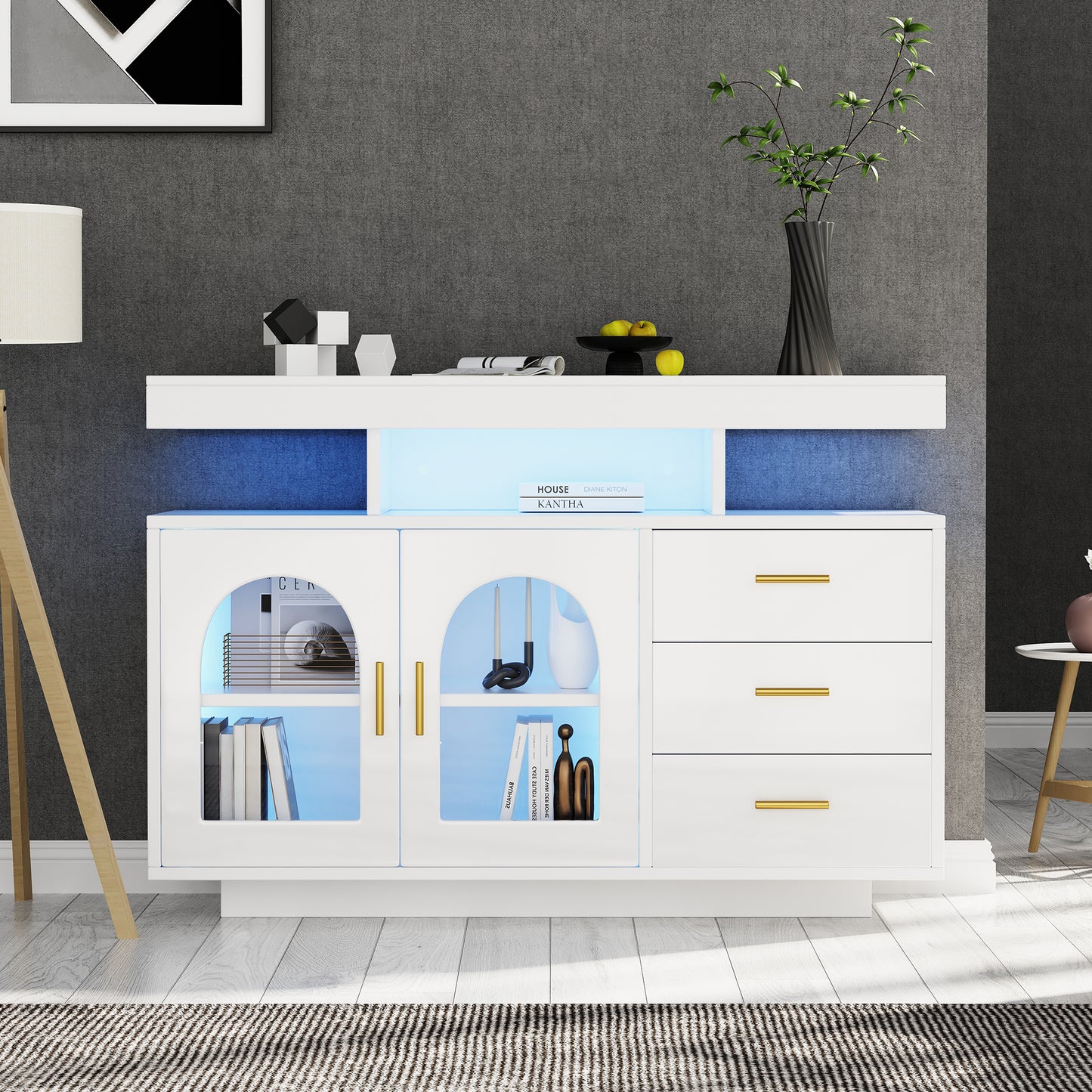 323704705WAA LED Sideboard Buffet Cabinet, 120cm Coffee Bar Cabinet, Drawer Cabinet, Sideboard Living Room, High Gloss Kitchen Cabinet With 16 Color Lights For Dining Room  White