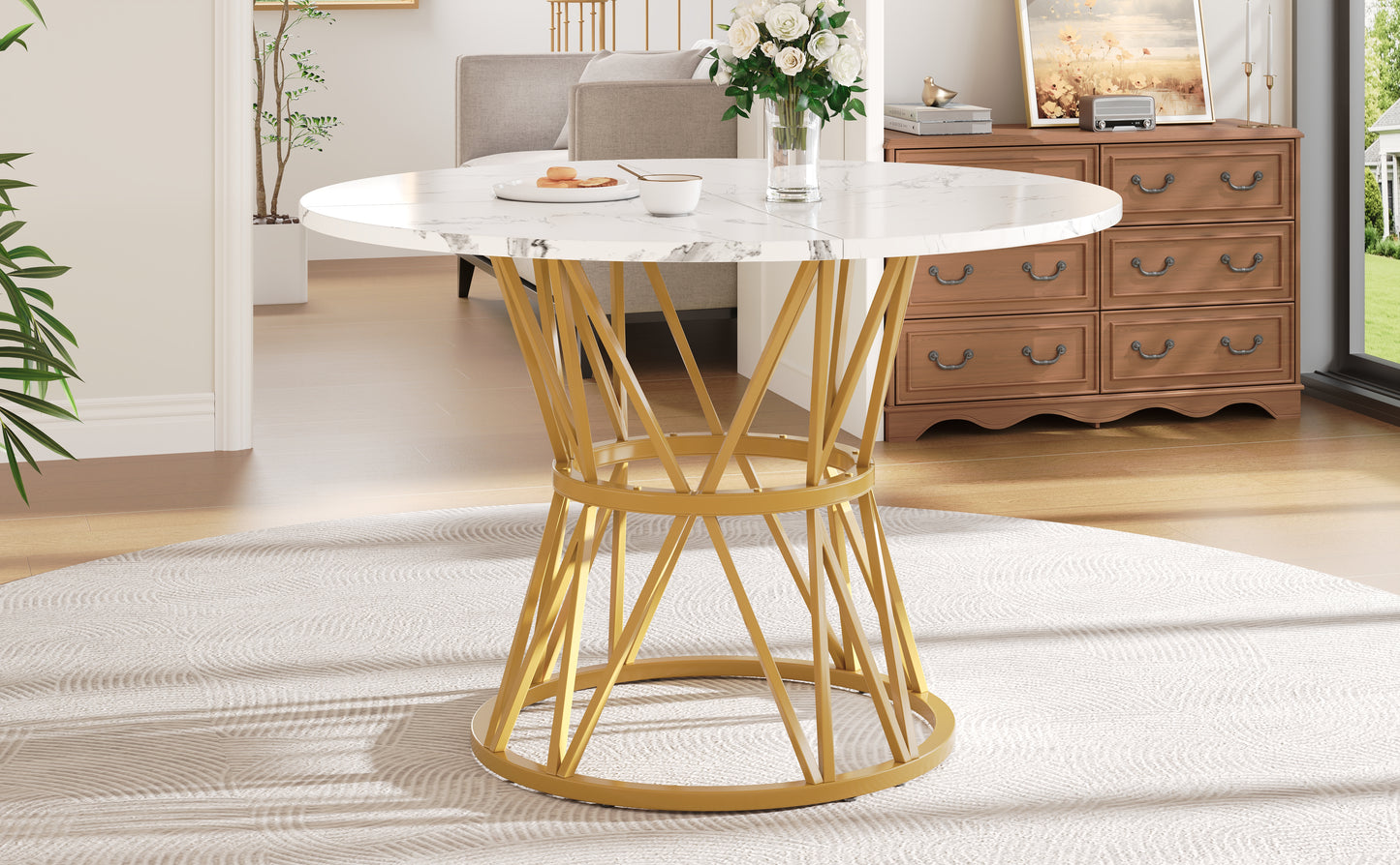 Round Dining Table  100x100x76cm , Kitchen Dining Table, Round Coffee Table For 4 People, Suitable For Dining Room, Living Room, Stylish Metal Table Legs, MDF Marble Table Top, Gold