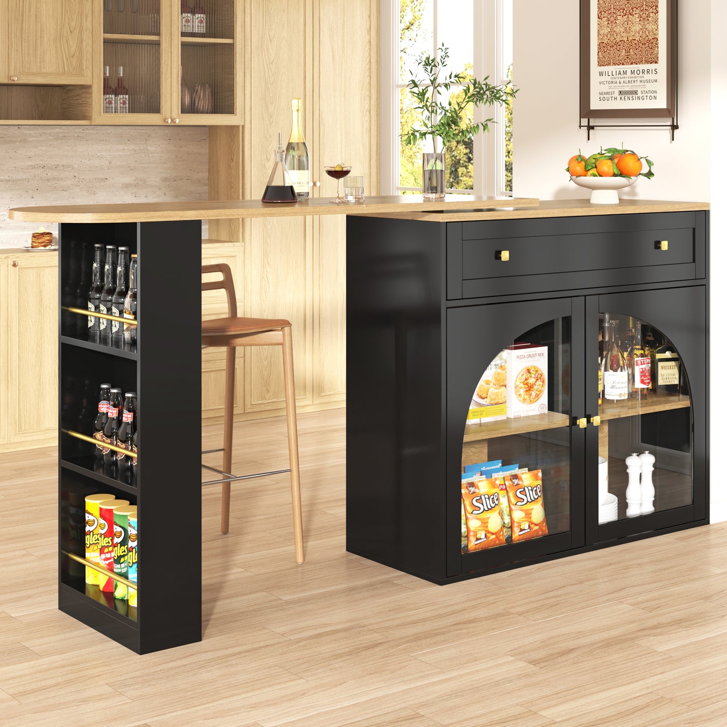 Extendable Bar Table With Storage  138-204x39x104cm , 360 Rotatable Edible,Modern Movable Bar Table,High Table Kitchen Island Bistro Table, Sideboard Cabinet With Shelves And Glass,Black