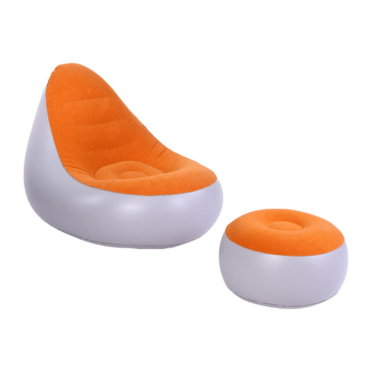 Inflatable Lounge With Foot Stool PVC Flocking Water Proof Folding Blow Up Couch Inflatable Sofa Chair For Home Camping Orange