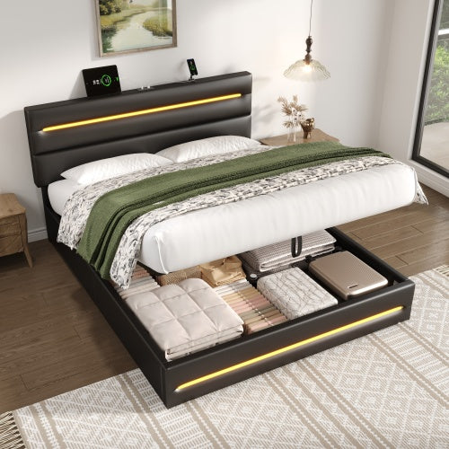 5ft King Upholstered Bed Frame With Hydraulic Storage, PU Ottoman Bed With LED Lighting And Charging Station, LED Adjustable Headboard With USB And Type - C Ports, Black