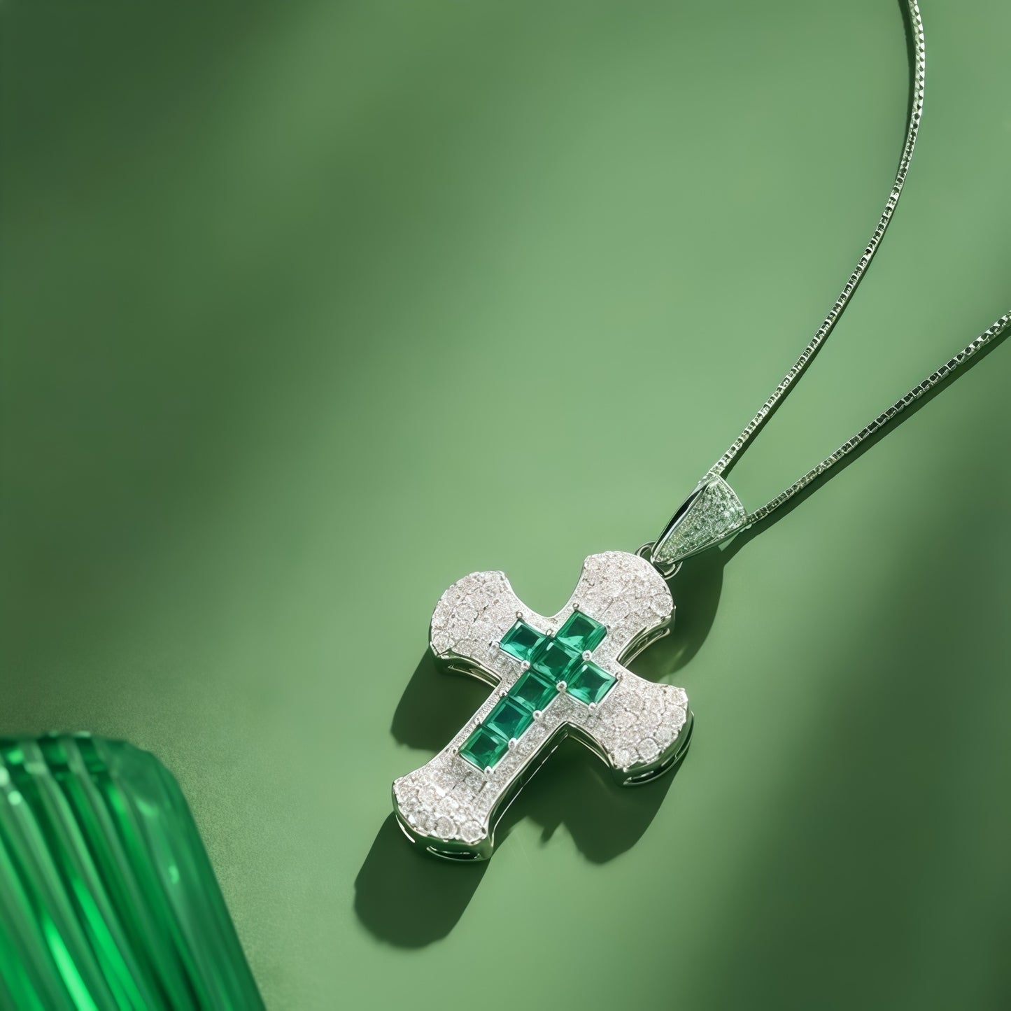 Princess Cut Emerald Green CZ Center Cross Pendant Necklace For Women, Copper Plated Silver Full Pave White Cubic Zirconia Religious Faith Christian Jewelry Gift