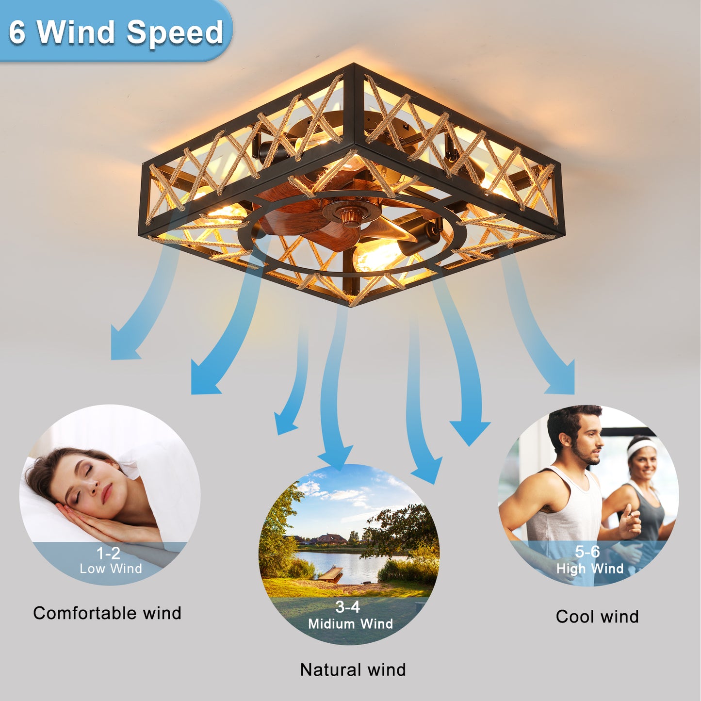 Farmhouse Rustic Ceiling Fan And Remote Control,Square Caged Industrial Ceiling Fixture With 6 Speeds & Noiseless DC Motor For Kitchen Dining Room Living Room Bedroom