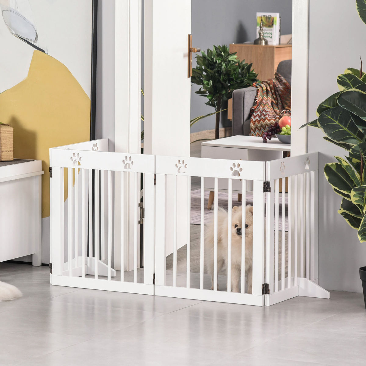 PawHut Freestanding Pet Gate 4 Panel Wooden Dog Barrier Folding Safety Fence With Support Feet Up To 204cm Long 61cm Tall For Doorway Stairs White