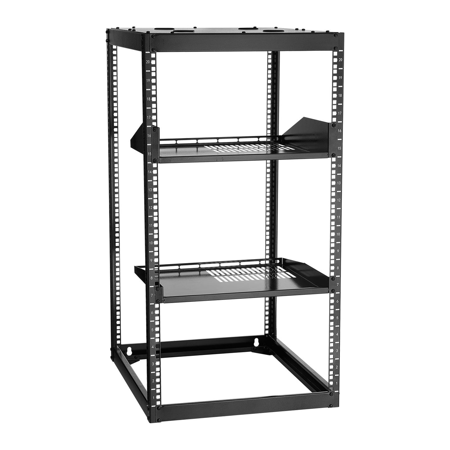 20U Open Frame Network Rack, 23 In Depth, Wall Mounted Or Floor Standing Server Rack, Heavy Duty 4 Post, With Vented Shelves & Mounting Hardware, Holds All Your Networking IT Equipment AV Gear