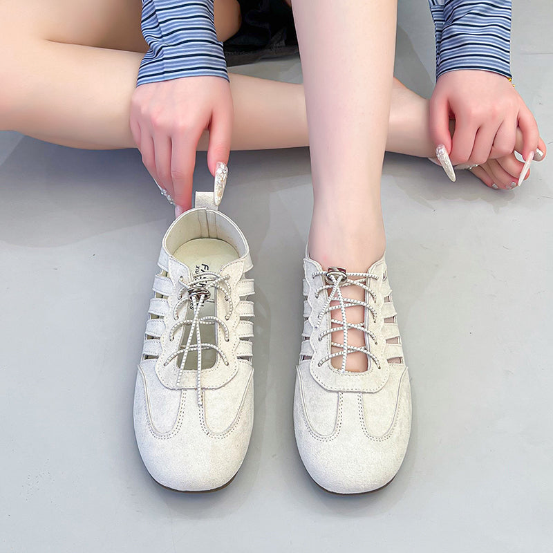 2026 New Women's French Hollow Breathable Hidden Platform Mary Janes, Round Toe Lace-Up Soft Flat Shallow Mouth Flats