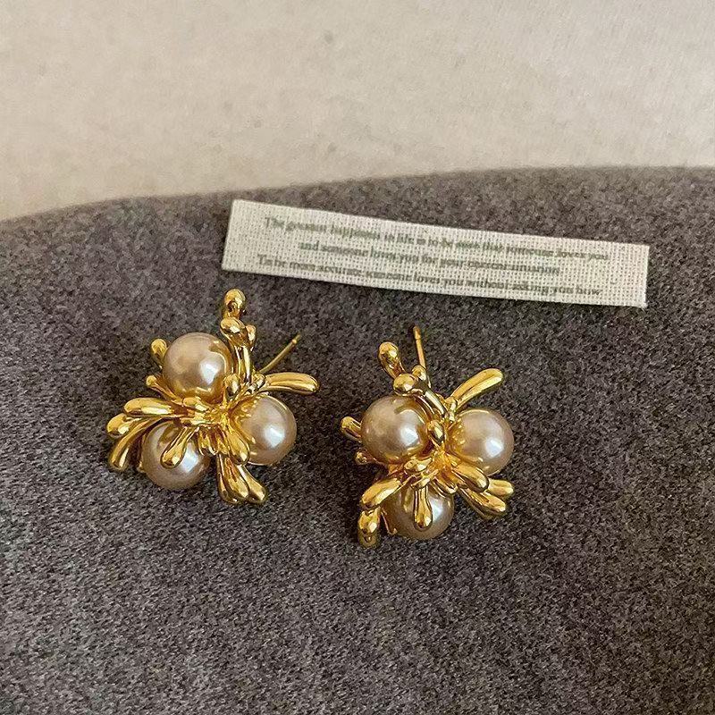 Unique Hong Kong Style Golden Firework  Pearl Stud Earrings For Women, Elegant Fashion Niche Light Luxury Trendy All-Match Ear Jewelry