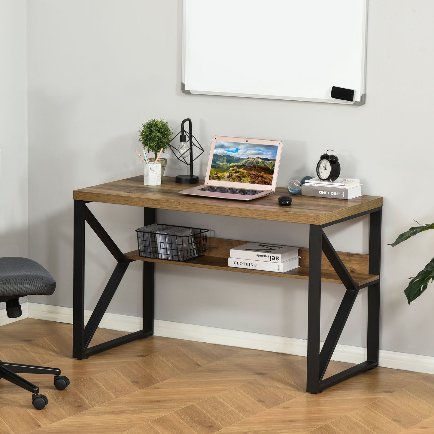 Computer Desk Writing Desk Home Office PC Laptop Workstation With Storage Shelf 120 X 60 X 76cm Black Brown Wood Effect