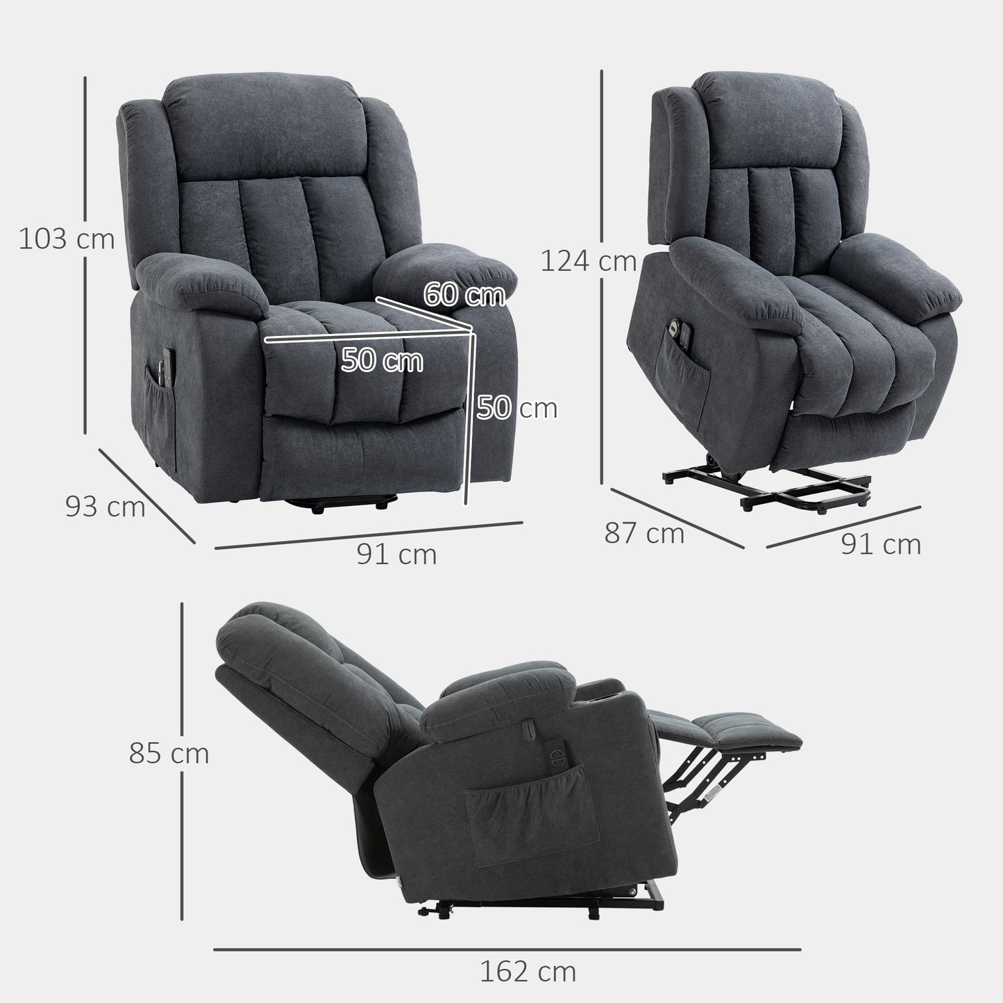 Power Lift Recliner Chair With Massage, Overstuffed Lift Chair For Elderly With Footrest, Remote, Side Pocket, Dark Grey