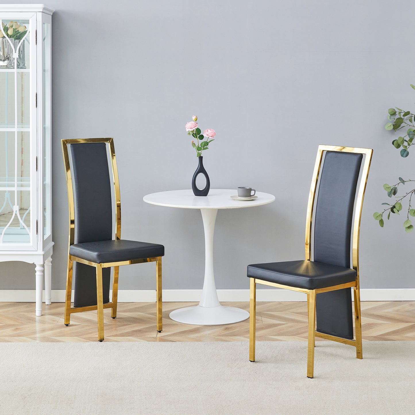 Set Of 2 European Minimalist Dining Chairs With Gold Edge. Black PU Leather  Gold Luster Metal Frame, 109cm High, For Versatile Uses Such As Dining Room, Office, Etc.