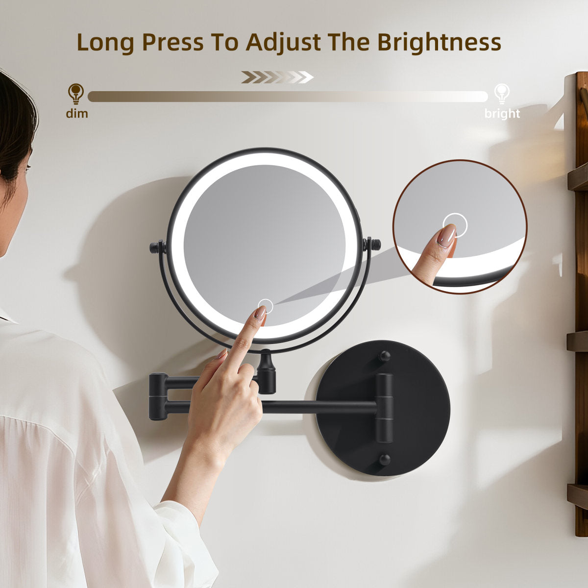 Rechargeable Wall Mounted Makeup Mirror 8  Magnifying Mirror With Lights Double-Sided 1X 10  360 Rotation Extension Bathroom Shaving Mirror With Foldable Arm
