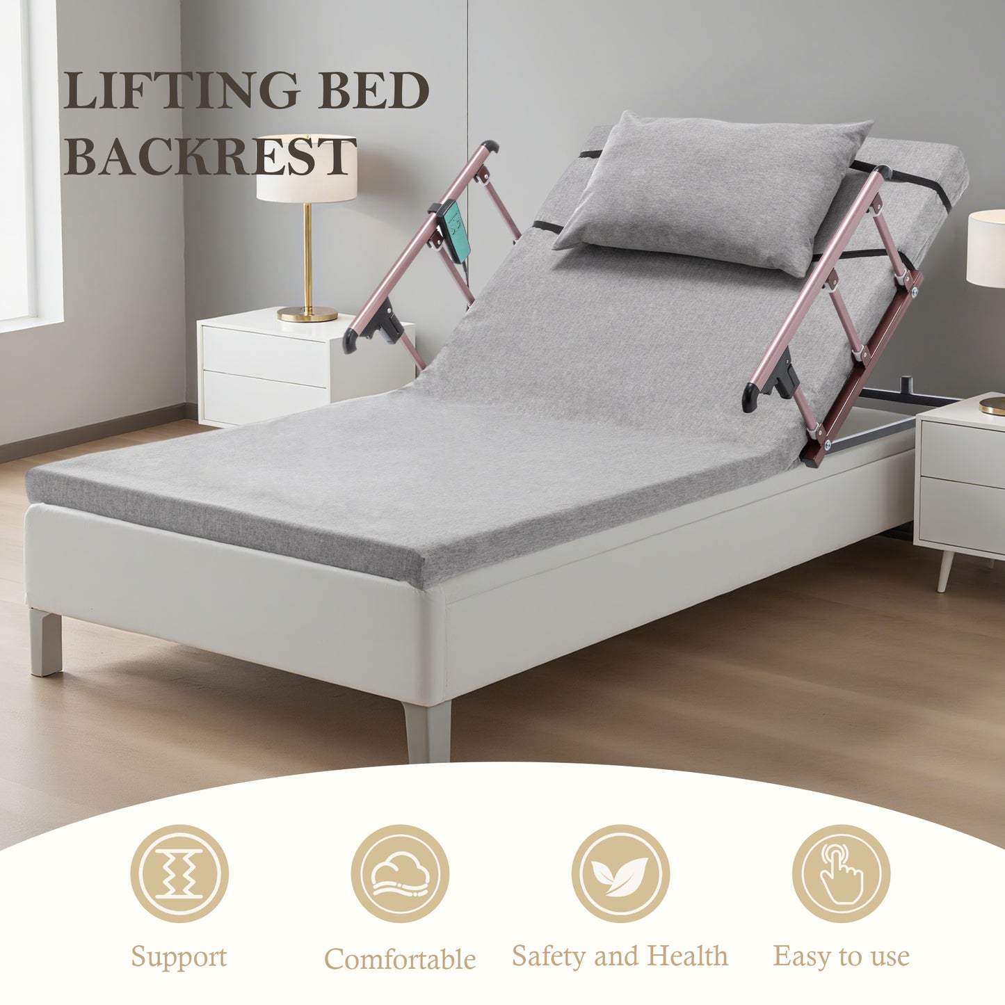 Electric Adjustable Bed Backrest, 300 Lbs Weight Capacity, 4-68 Upgraded Lifting System With Collapsible Safety Rails, Remote Control, For Elderly, Pregnancy, Patients, Handicap, Home Hospital Care