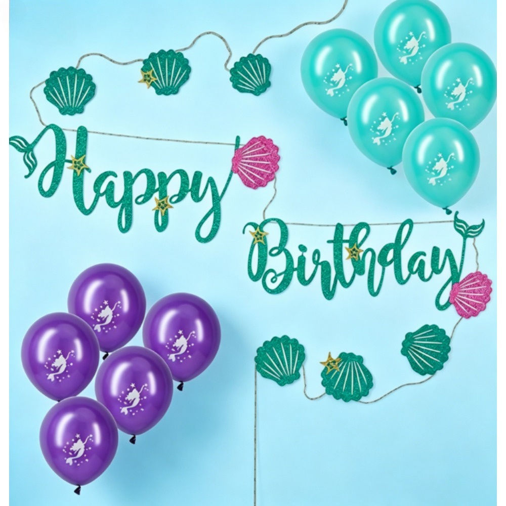 Mermaid Birthday Banner Decoration Set For Themed Parties And Celebrations—Party Supplies Set