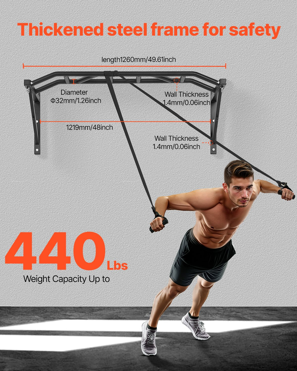 Pull Up Bar, Multi-Grip Wall Mounted Pull Ups, 50 In Width Multifunctional Chin Up Training Station, Heavy Duty Steel Upper Body Workout Bars With Hangers, 440 Lbs Weight Capacity, For Home Gym