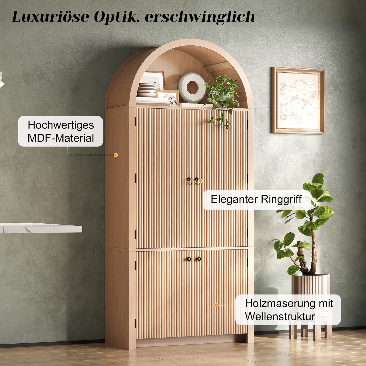 Arched Cabinet 180 X80 X40 Cm, Kitchen Cabinet, Display Cabinet, Wine Cabinet With Door Shelves And Open Upper Compartment, For Kitchen, Dining Room, Living Room, Bedroom, Wood Look
