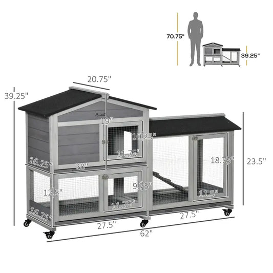 Wooden Mobile Rabbit Hutch With Wheels, Run Box, Slide-out Tray, Ramp
