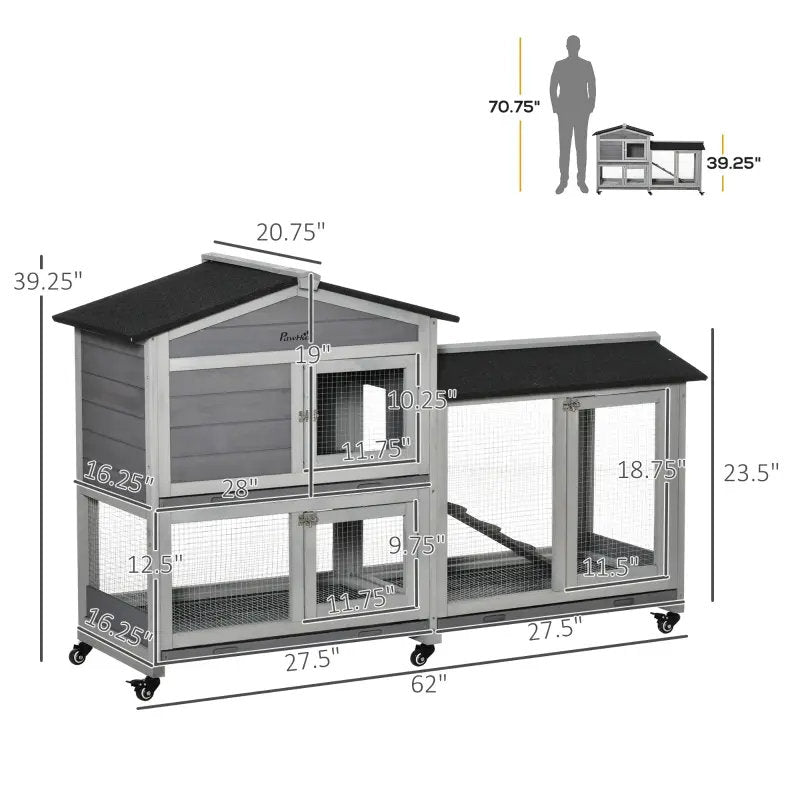 Wooden Mobile Rabbit Hutch With Wheels, Run Box, Slide-out Tray, Ramp