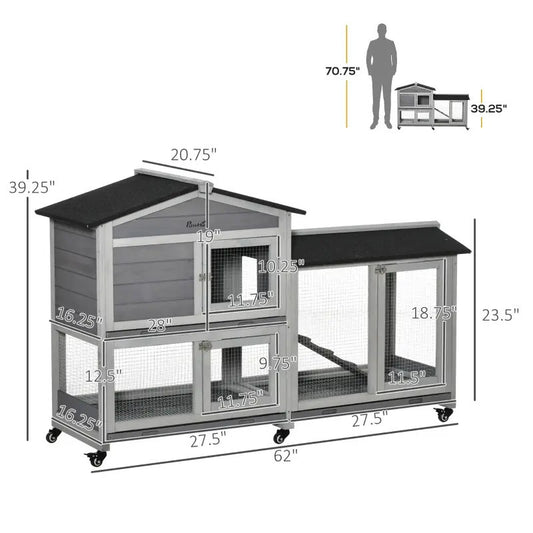 Wooden Mobile Rabbit Hutch With Wheels, Run Box, Slide-out Tray, Ramp
