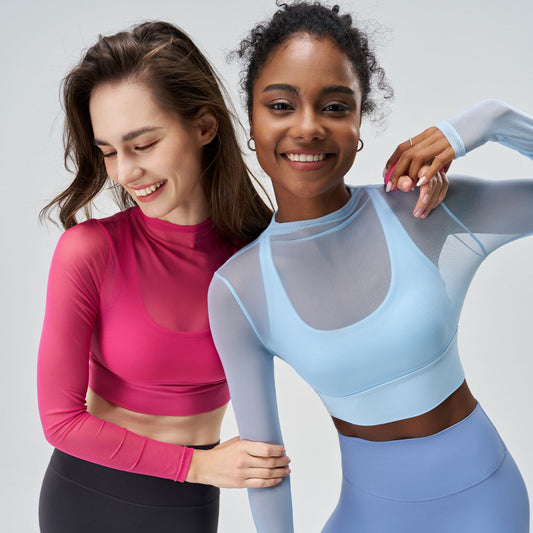 Exercise Mesh Slimming T-shirt Women's Summer Round Neck Quick-drying Long Sleeve Sexy Thin Long Sleeve Yoga Clothing Top