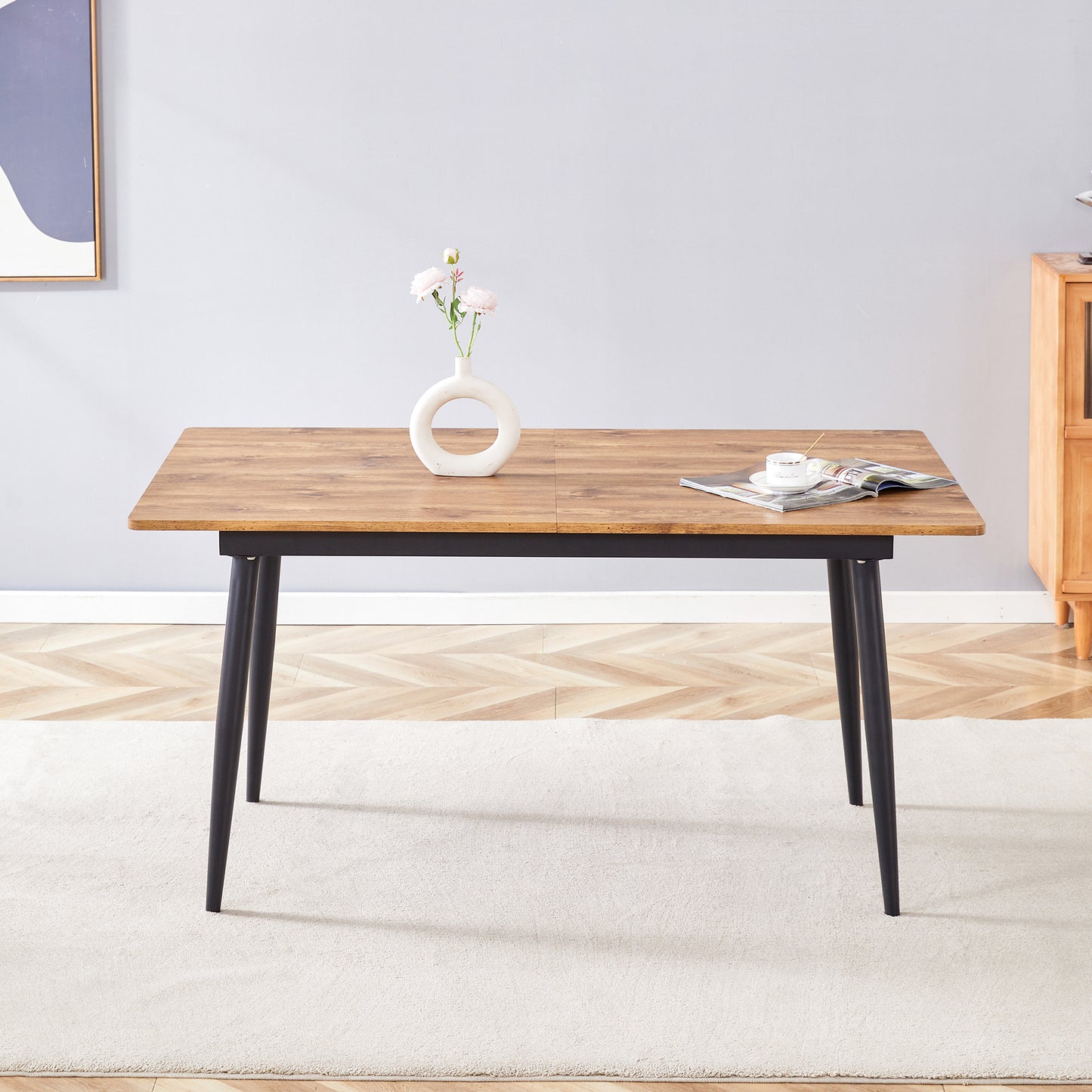 Rectangular Dining Table 190.5cm-150cm, Wood Effect Surface, Metal Legs, Kitchen Table For 6-8 People, Modern Industrial Style