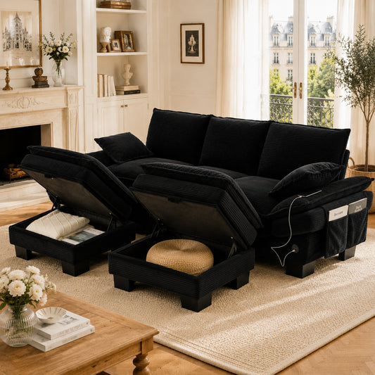 Modular 3-seater Corduroy Sofa  With 2 Stools Wide Seat, Ergonomic Design, High-density Foam Padding, USB-C Port And Side Pockets.Ideal For Living Room, Office Or Lounge.Black