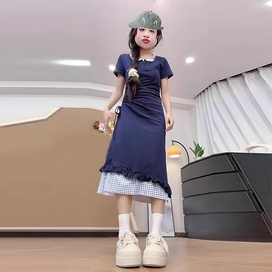 Korean-style Sweet Two-piece Look Dress For Women Asymmetrical Drawstring Waist