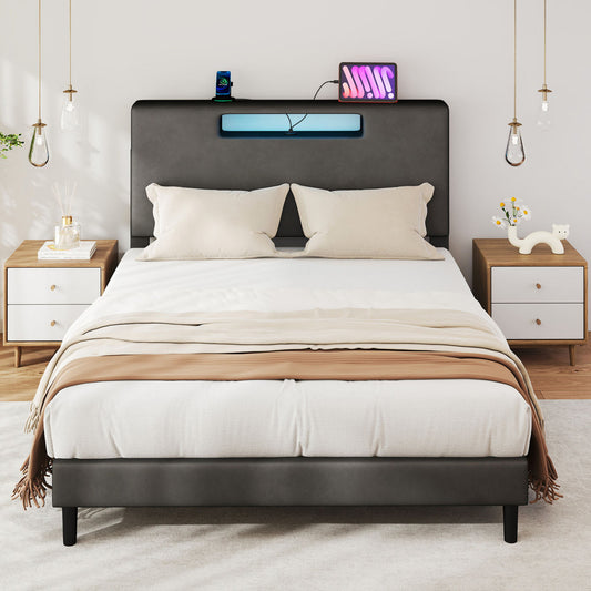 Queen Size Bed Frame With Charging Station And Adjustable LED Light Wood Slat Support Bed Frame With Upholstered Headboard No Box Spring Needed Easy Assembly