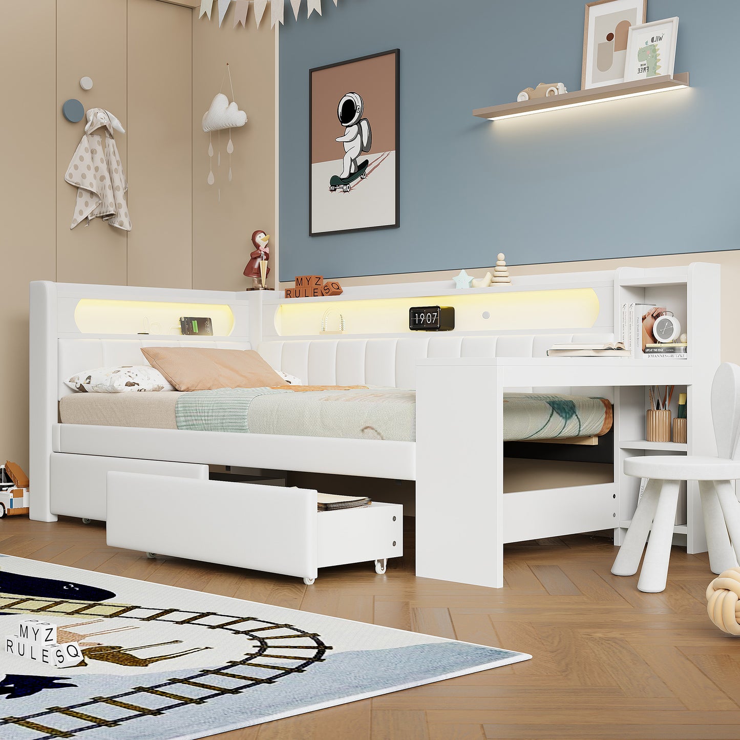 90x200 Padded Daybed With USB Ports And LED Belt, With Desk And 2 Drawers, White