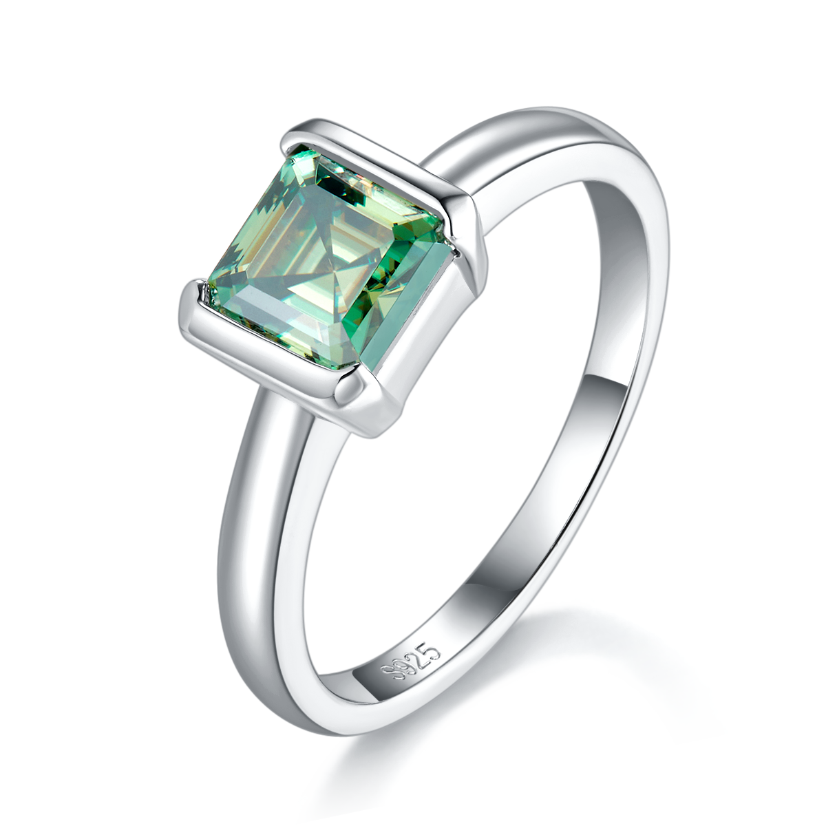 S925 Sterling Silver 1ct Green Moissanite Ring, 6x6mm Square Cut VVS1 Solitaire, Platinum Plated US Sizes 5-9, GRA Certified Jewelry Gift Box
