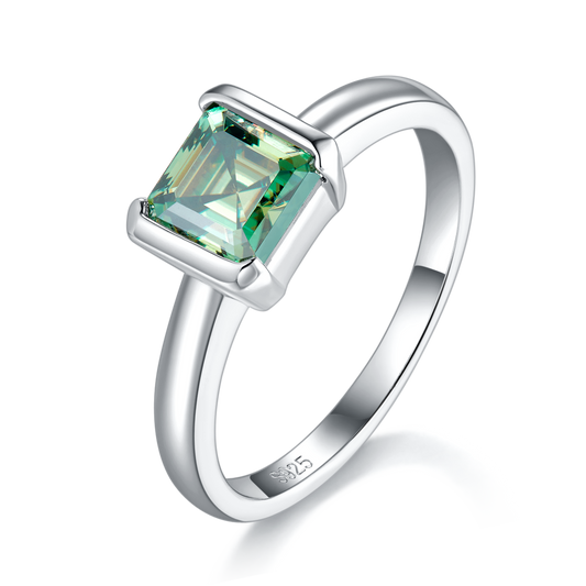 S925 Sterling Silver 1ct Green Moissanite Ring, 6x6mm Square Cut VVS1 Solitaire, Platinum Plated US Sizes 5-9, GRA Certified Jewelry Gift Box