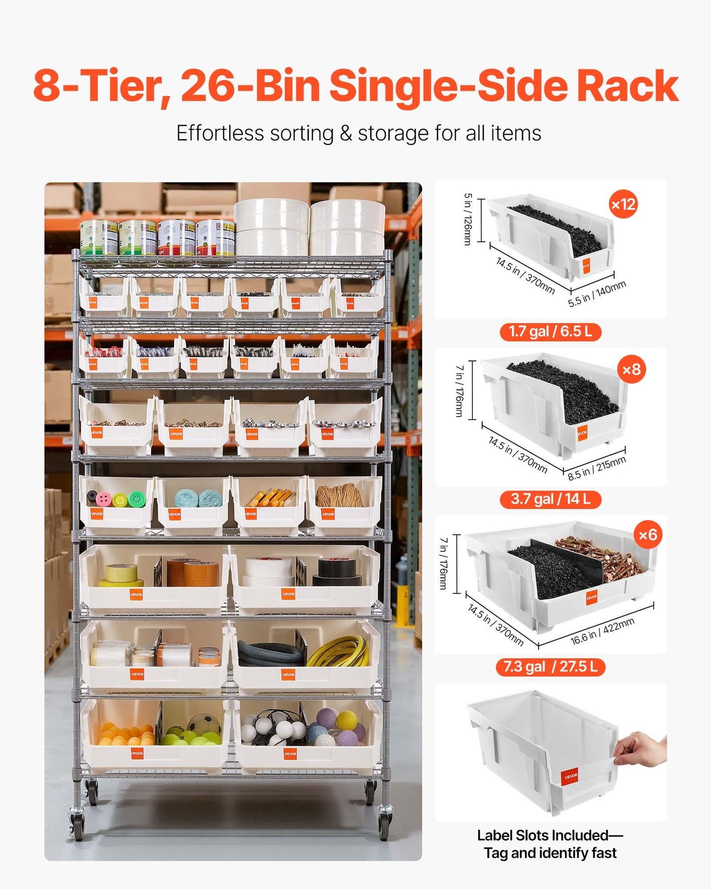 8-Tier Rolling Bin Storage Rack, 26 Organizer Bins, Bin Rack Storage Steel Wire Shelving System With Wheels, Mobile Tool Organizer For Garage, Warehouse, Office, Restaurant, Classroom, Kitchen