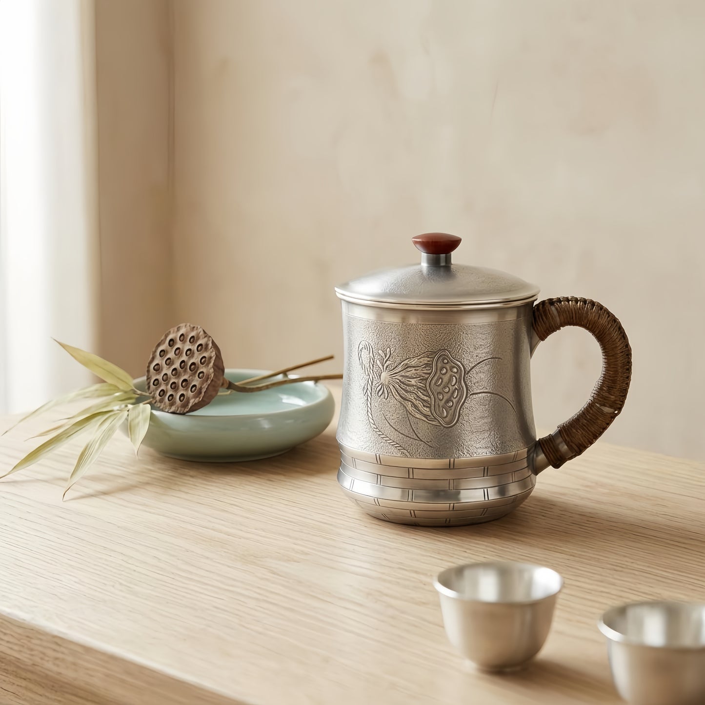 Pure 999 Fine Silver Elegant Handcrafted  Mug with Wooden Handle and Rattan Accent-Premium Tea Mug - Handicraft