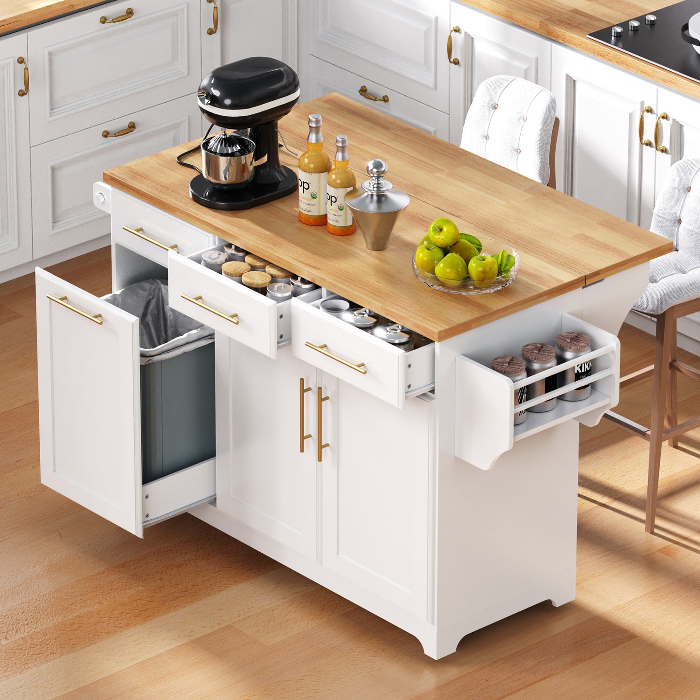 K&K 59.3  Kitchen Island With Storage 2 Pull Out Cabinet Organizers & Rubber Wood Drop Leaf, Rolling Kitchen Island With Trash Can Storage, Power Outlet, Spice & Towel Rack For Kitchen, Dining, White