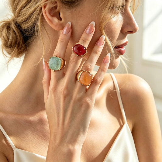 Vintage Matte Gold Claw-Set Gemstone Ring, Translucent  Jade Resin Multicolor Band, European American Retro Fashion Jewelry