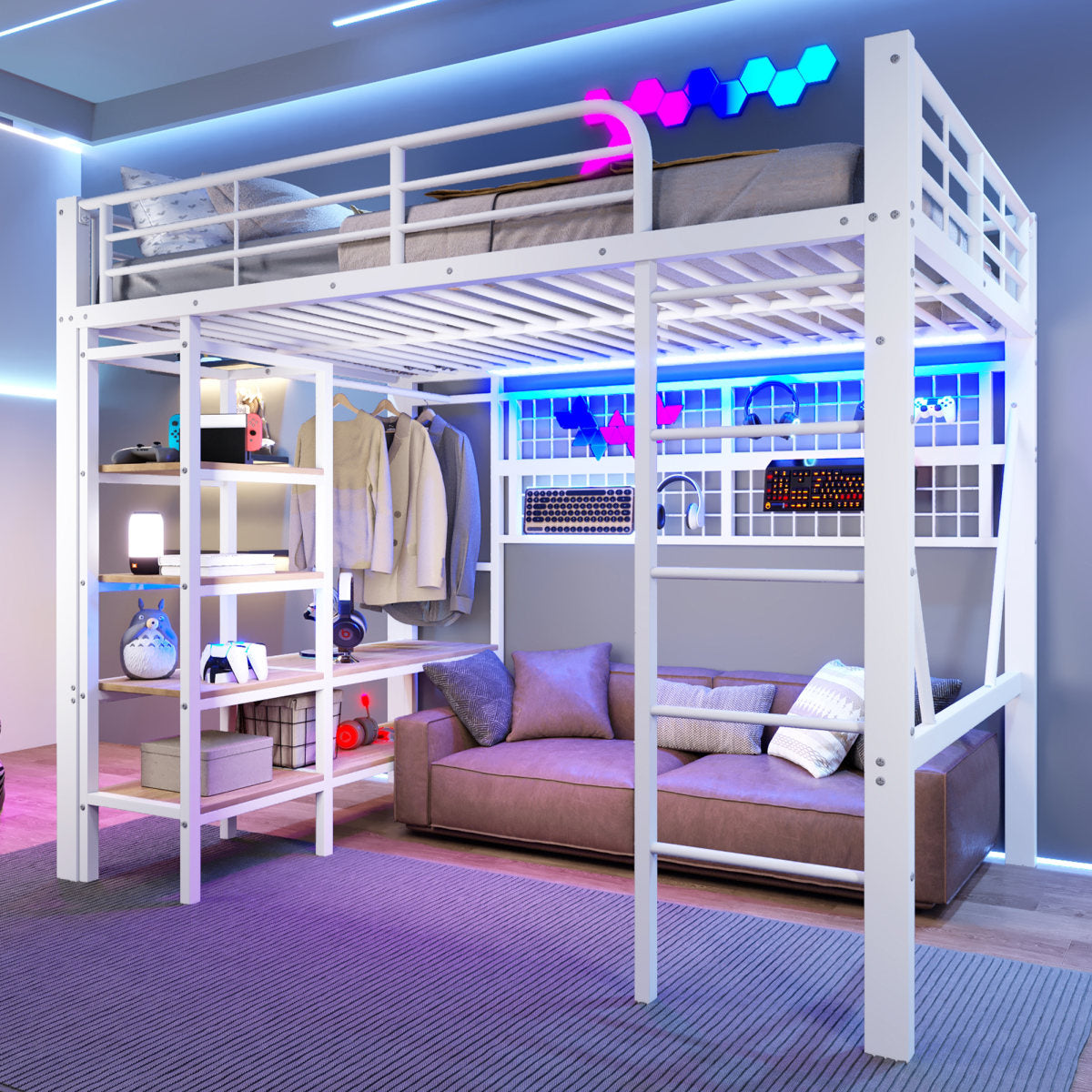 Loft Bed, 140 X 200 Cm, Iron Frame, Storage Compartment, Net For Hanging Objects, With Clothes Rail, Open Space Under The Bed, With LED Light Strip, Without Mattress, White
