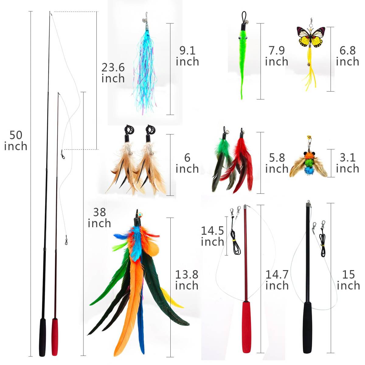2PCS Retractable Cat Teaser Wands & 9PCS Feather Refills Toy Set  Dual-size Telescopic Rods, Da Bird Feather Attachments With Bells Replacement,interactive Fishing Pole Toys