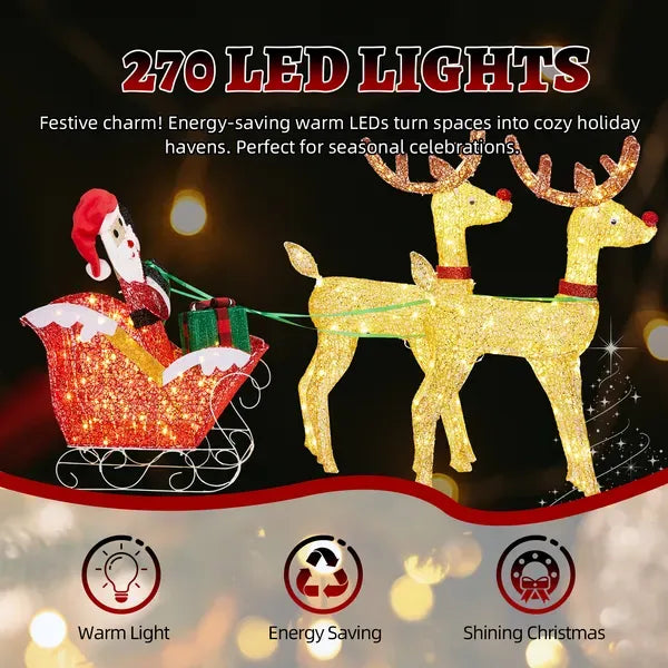 Lighted Reindeer Pulling Sleigh Christmas Decorations, Pre-lit Holiday Decor With270Warm White LEDfor Xmas Outdoor Indoor Decor Lighted Holiday Displays 30V 6W
