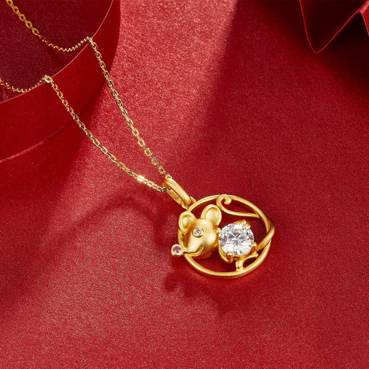 S925 Silver Gold Plated 1ct D Color VVS1 Moissanite Rat Necklace 4.5g Chinese Zodiac Benmingnian Gift GRA Certified Gift Box