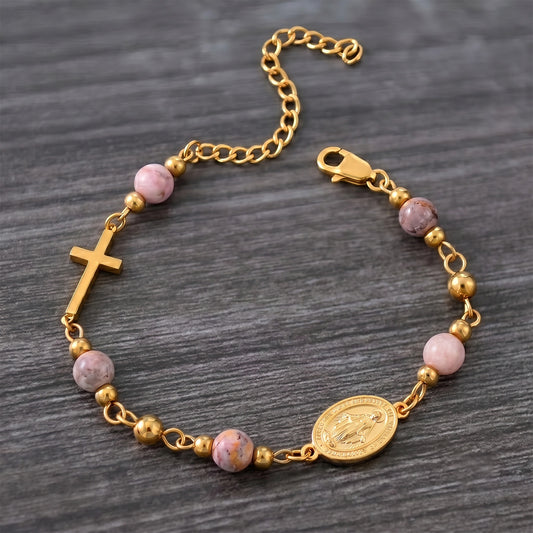 18K Gold Plated Stainless Steel Chain Bracelet For Women Natural Stone Beads Virgin Mary Miracle Medal Cross Bracelets Religious Catholic Jewelry Link Chain Gift