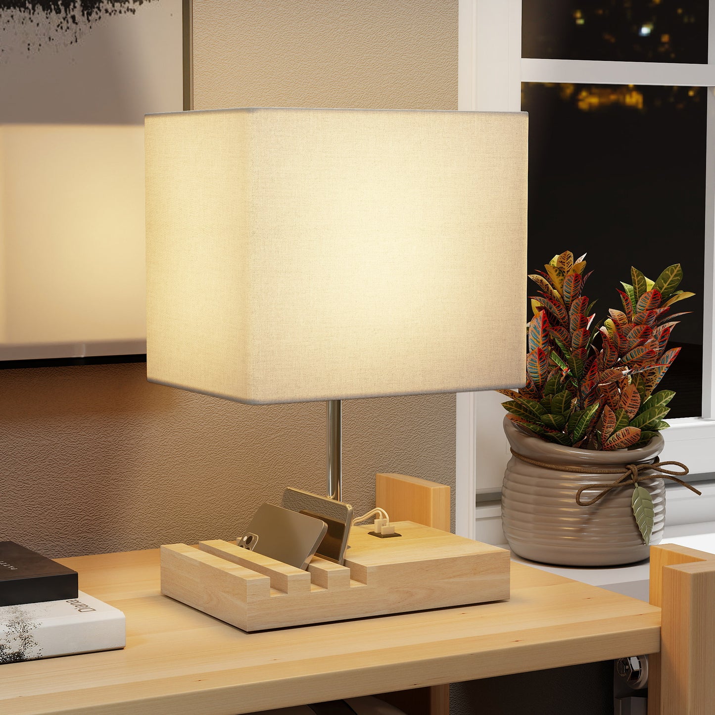 Bedside Lamp With USB A+C Charging Ports And 3 Phone Stands, Modern Table Lamp With Solid Wood Base And Fabric Shade For Bedroom Living Room Office, E27 Socket, Bulb Not Included, White